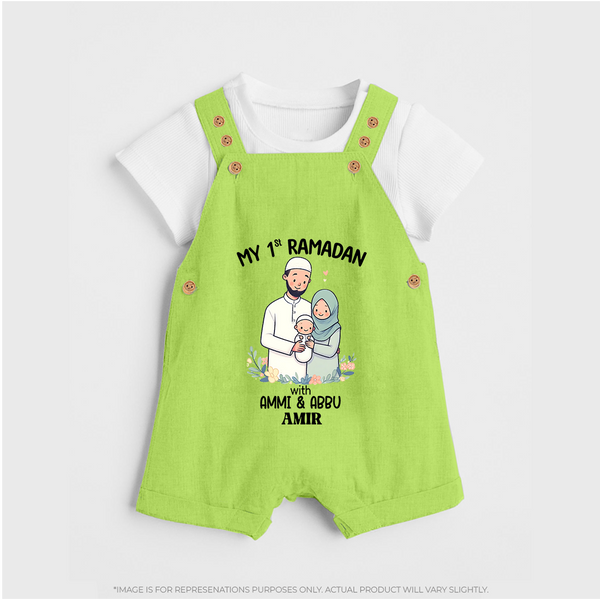 My First Ramadan With Ammi & Abbu  - A Month of Blessings With Our Customized Dungaree Set For Kids With Name - GREEN - 0 - 5 Months Old (Chest 18")