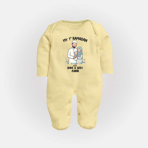 My First Ramadan With Ammi & Abbu  - A Month of Blessings With Our Customized Sleep Suit For Babies With Name - PASTEL YELLOW - New Born (Chest 7.5")