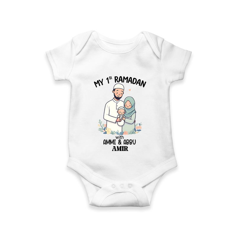 My First Ramadan With Ammi & Abbu  - A Month of Blessings With Our Customized Romper For Babies With Name - WHITE - 0 - 3 Months Old (Chest 16")