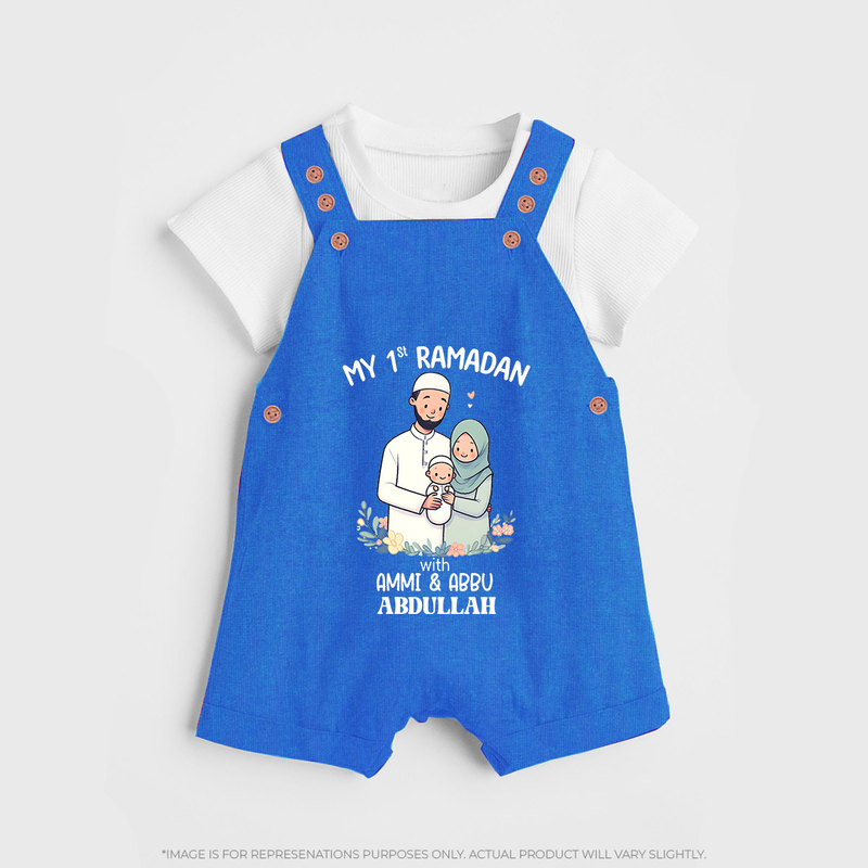 My First Ramadan With Ammi & Abbu  - A Month of Blessings With Our Customized Dungaree Set For Kids With Name - COBALT BLUE - 0 - 5 Months Old (Chest 18")