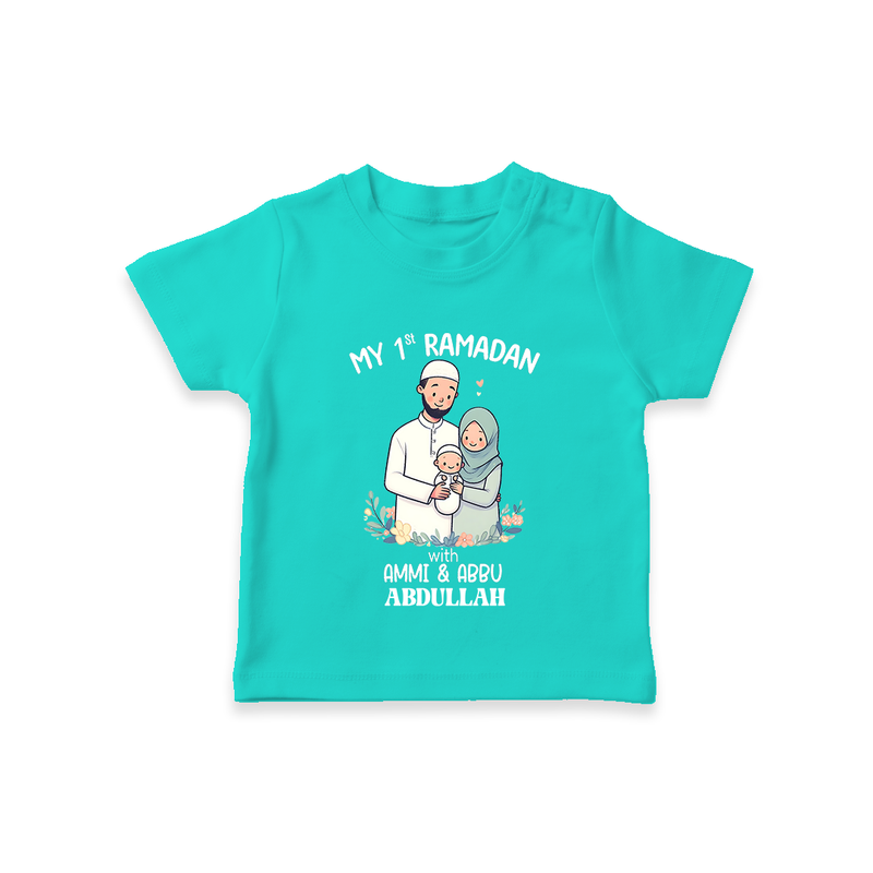 My First Ramadan With Ammi & Abbu  - A Month of Blessings With Our Customized T-Shirt For Kids With Name - TEAL - 0-5 Months Old (Chest 17")