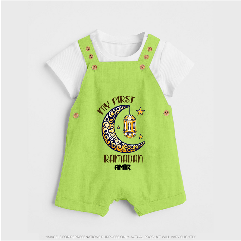 My First Ramadan - Growing in Faith With Our Customized Dungaree Set For Kids With Name - GREEN - 0 - 5 Months Old (Chest 18")