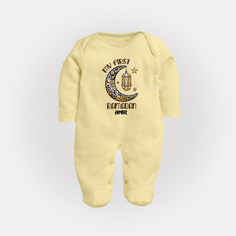 My First Ramadan - Growing in Faith With Our Customized Sleep Suit For Babies With Name - PASTEL YELLOW - New Born (Chest 7.5")