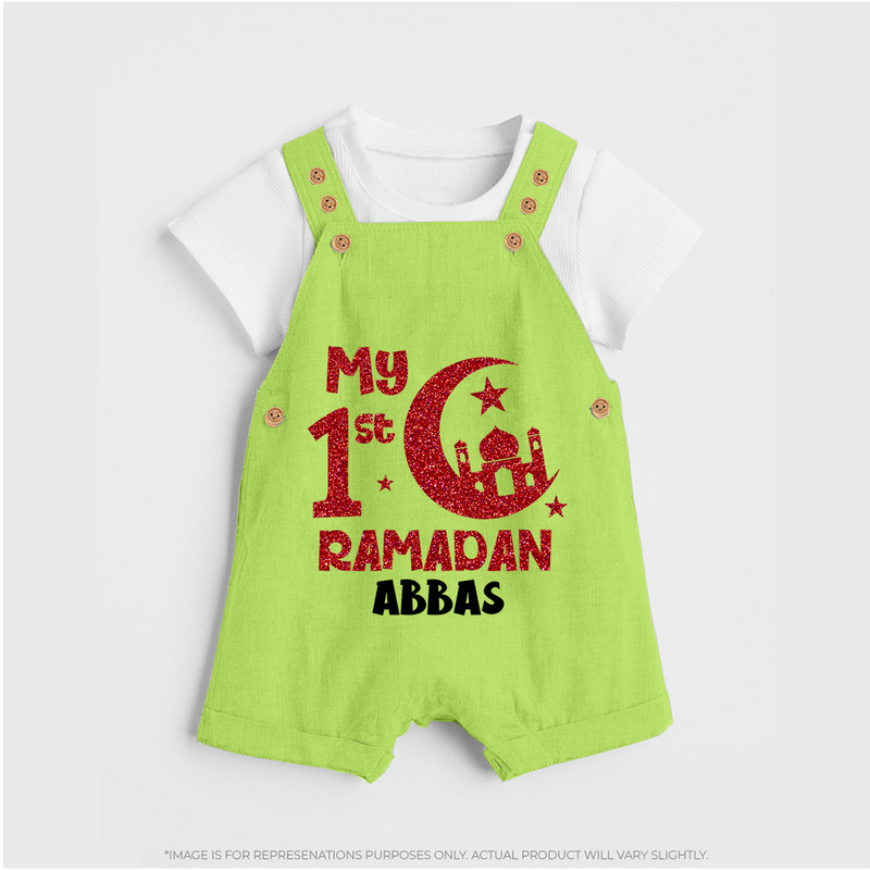 My First Ramadan - Moonlit Memories With Our Customized Dungaree Set For Kids With Name - GREEN - 0 - 5 Months Old (Chest 18")