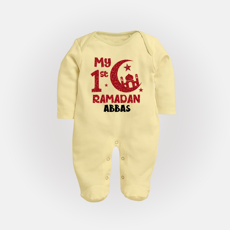 My First Ramadan - Moonlit Memories With Our Customized Sleep Suit For Babies With Name - PASTEL YELLOW - New Born (Chest 7.5")