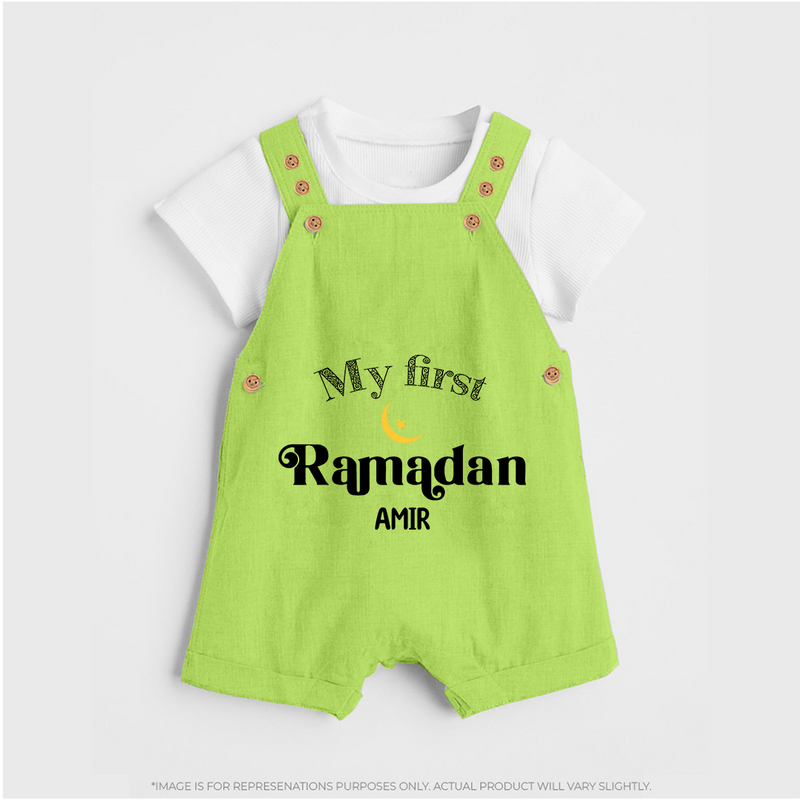 My First Ramadan - Suhoor & Iftar Joy With Our Customized Dungaree Set For Kids With Name - GREEN - 0 - 5 Months Old (Chest 18")