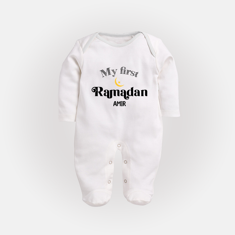 My First Ramadan - Suhoor & Iftar Joy With Our Customized Sleep Suit For Babies With Name - WHITE - New Born (Chest 7.5")