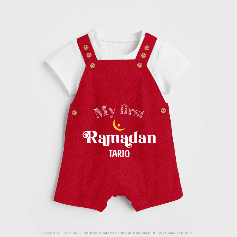 My First Ramadan - Suhoor & Iftar Joy With Our Customized Dungaree Set For Kids With Name - RED - 0 - 5 Months Old (Chest 18")