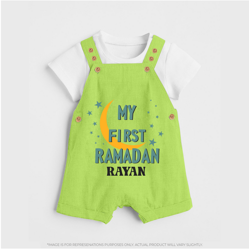 My First Ramadan - Little Hands, Big Prayers With Our Customized Dungaree Set For Kids With Name - GREEN - 0 - 5 Months Old (Chest 18")