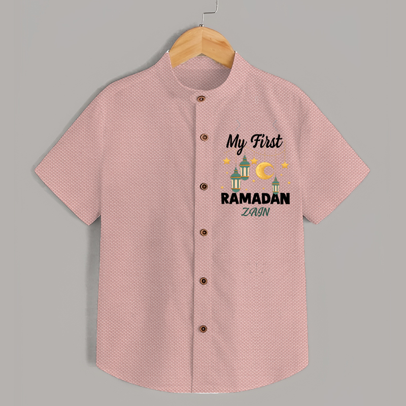 My First Ramadan - A Journey of Light With Our Customized Shirt For Kids With Name - PEACH - 0 - 6 Months Old (Chest 23")