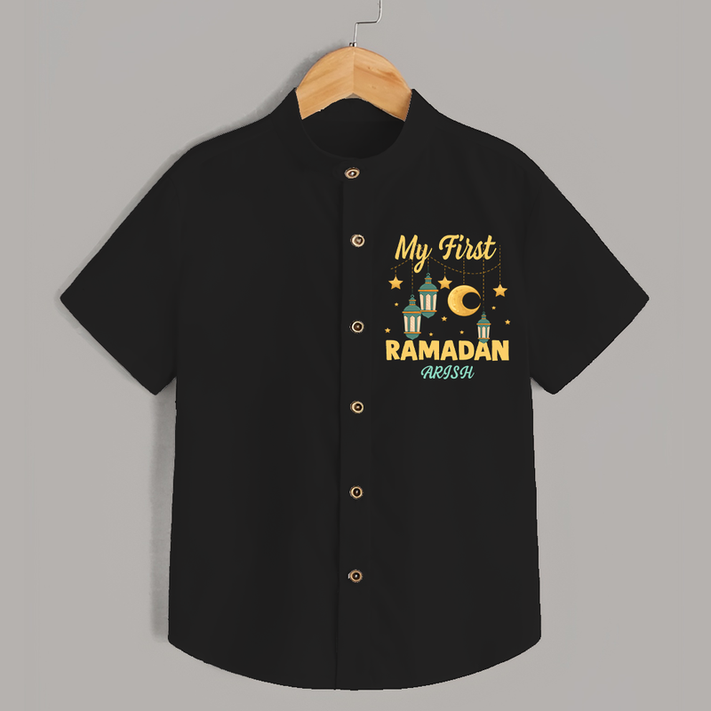 My First Ramadan - A Journey of Light With Our Customized Shirt For Kids With Name - BLACK - 0 - 6 Months Old (Chest 23")