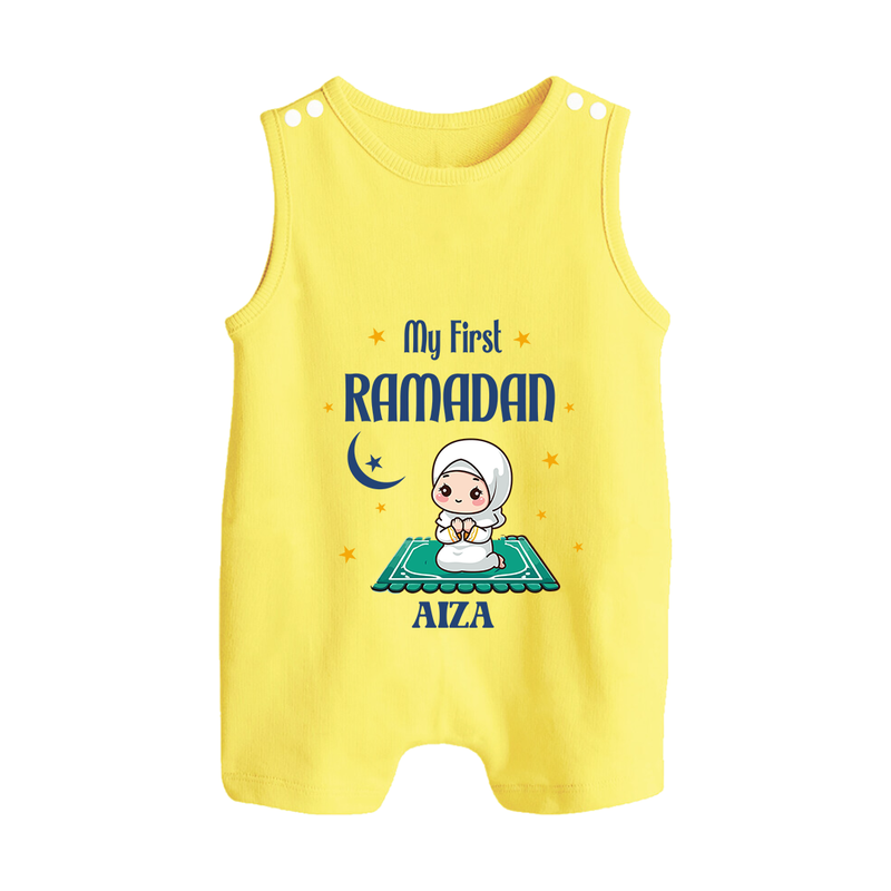 My First Ramadan - Crescent Moon Smiles With Our Customized Romper Suit For Babies With Name - PASTEL YELLOW - 0 - 5 Months Old (Chest 18")