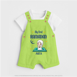 My First Ramadan - Crescent Moon Smiles With Our Customized Dungaree Set For Kids With Name - GREEN - 0 - 5 Months Old (Chest 18")