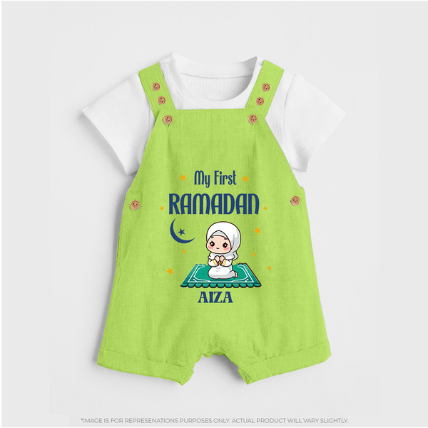 My First Ramadan - Crescent Moon Smiles With Our Customized Dungaree Set For Kids With Name - GREEN - 0 - 5 Months Old (Chest 18")