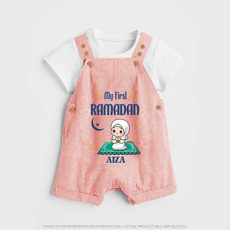 My First Ramadan - Crescent Moon Smiles With Our Customized Dungaree Set For Kids With Name - PEACH - 0 - 5 Months Old (Chest 18")