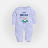 My First Ramadan - Crescent Moon Smiles With Our Customized Sleep Suit For Babies With Name - BABY BLUE - New Born (Chest 7.5")