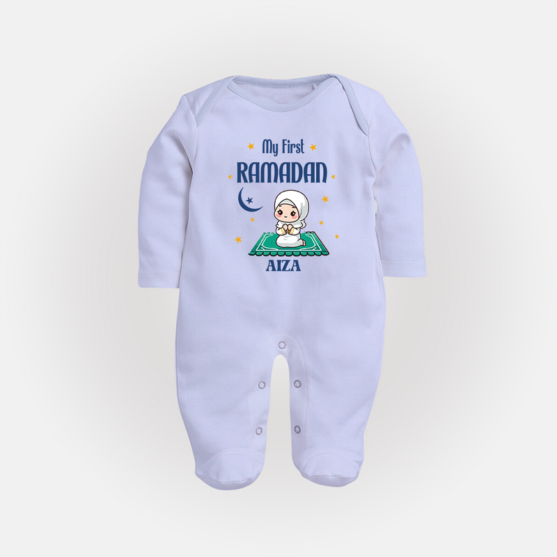 My First Ramadan - Crescent Moon Smiles With Our Customized Sleep Suit For Babies With Name - BABY BLUE - New Born (Chest 7.5")