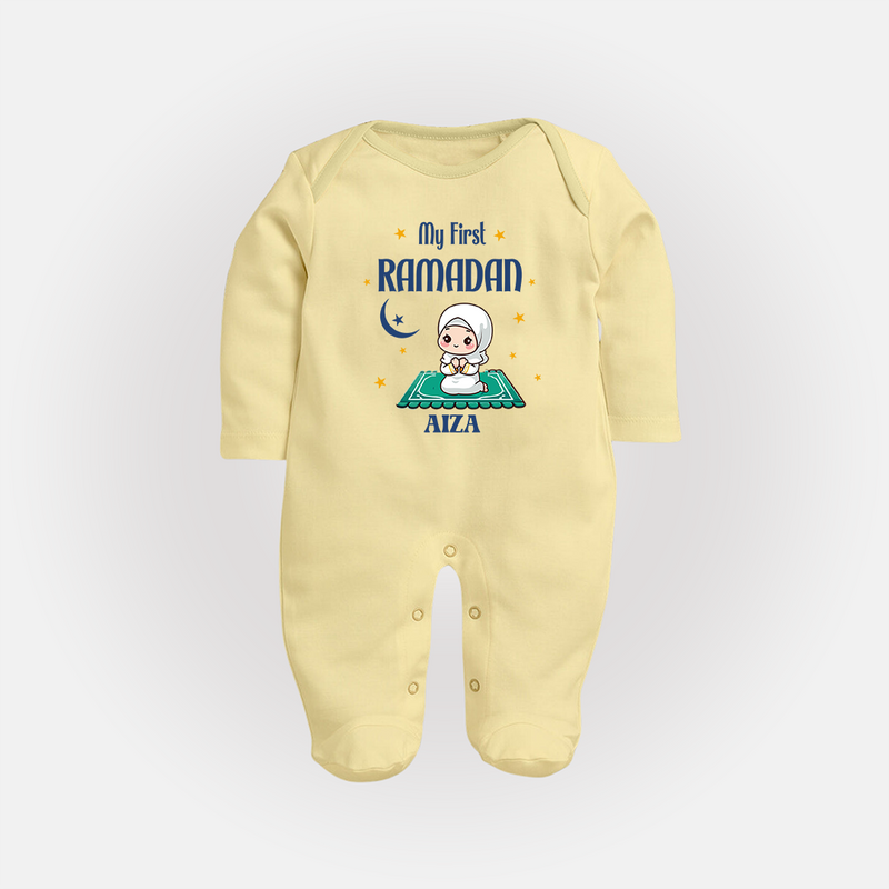 My First Ramadan - Crescent Moon Smiles With Our Customized Sleep Suit For Babies With Name - PASTEL YELLOW - New Born (Chest 7.5")