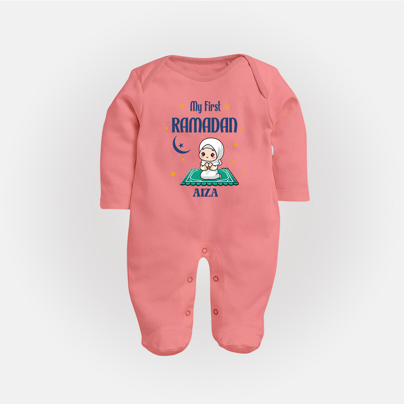 My First Ramadan - Crescent Moon Smiles With Our Customized Sleep Suit For Babies With Name - PEACH - New Born (Chest 7.5")