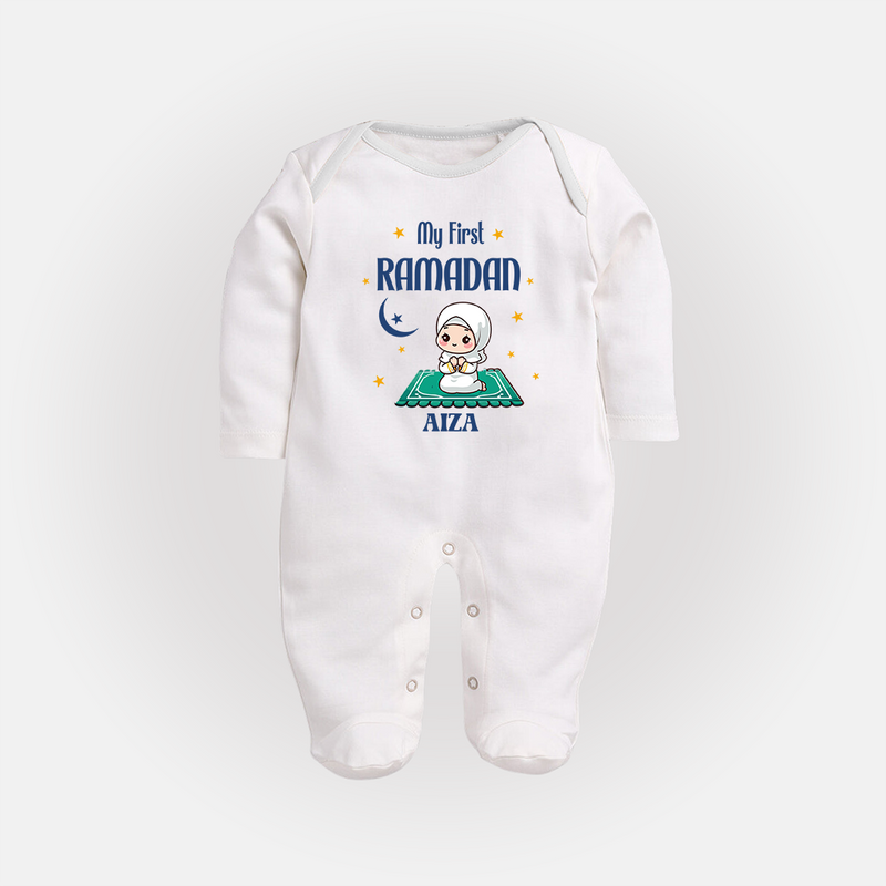 My First Ramadan - Crescent Moon Smiles With Our Customized Sleep Suit For Babies With Name - WHITE - New Born (Chest 7.5")