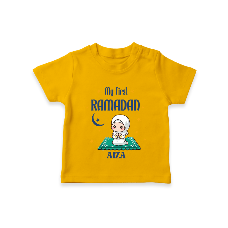 My First Ramadan - Crescent Moon Smiles With Our Customized T-Shirt For Kids With Name - CHROME YELLOW - 0-5 Months Old (Chest 17")