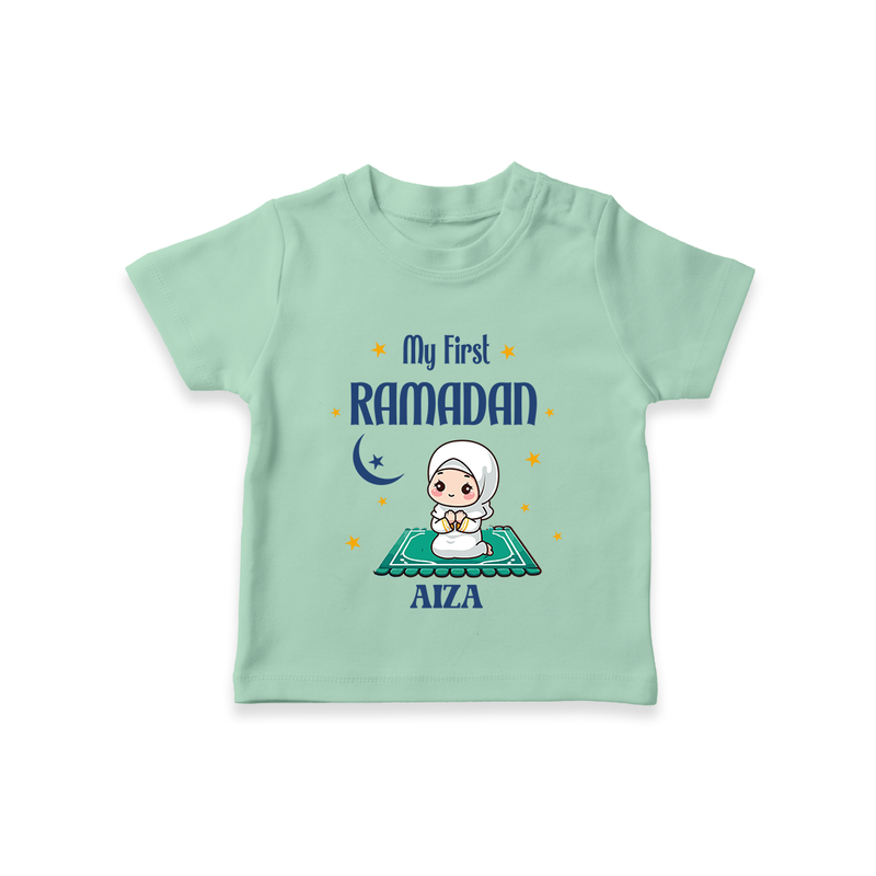 My First Ramadan - Crescent Moon Smiles With Our Customized T-Shirt For Kids With Name - MINT GREEN - 0-5 Months Old (Chest 17")