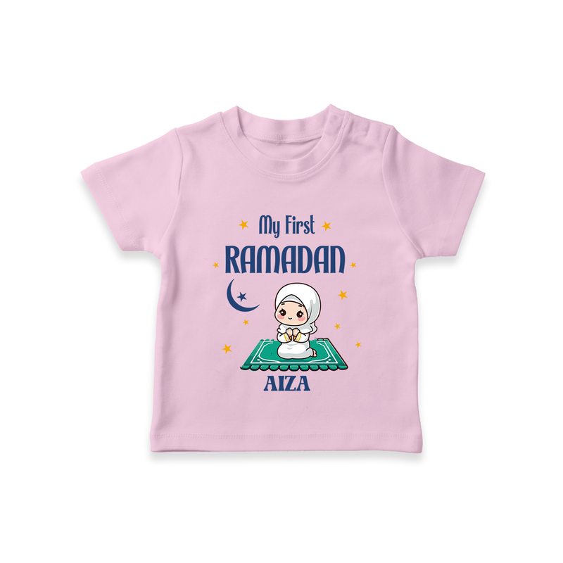 My First Ramadan - Crescent Moon Smiles With Our Customized T-Shirt For Kids With Name - PINK - 0-5 Months Old (Chest 17")