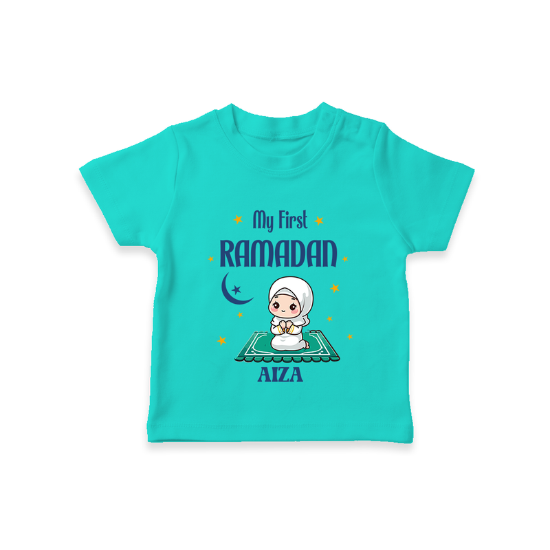 My First Ramadan - Crescent Moon Smiles With Our Customized T-Shirt For Kids With Name - TEAL - 0-5 Months Old (Chest 17")