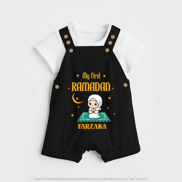 My First Ramadan - Crescent Moon Smiles With Our Customized Dungaree Set For Kids With Name - BLACK - 0 - 5 Months Old (Chest 18")