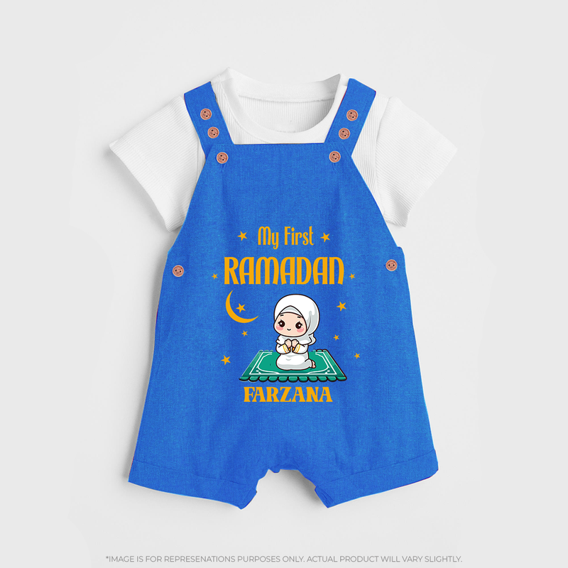 My First Ramadan - Crescent Moon Smiles With Our Customized Dungaree Set For Kids With Name - COBALT BLUE - 0 - 5 Months Old (Chest 18")