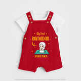 My First Ramadan - Crescent Moon Smiles With Our Customized Dungaree Set For Kids With Name - RED - 0 - 5 Months Old (Chest 18")