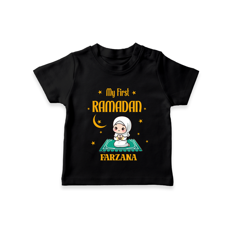 My First Ramadan - Crescent Moon Smiles With Our Customized T-Shirt For Kids With Name - BLACK - 0-5 Months Old (Chest 17")