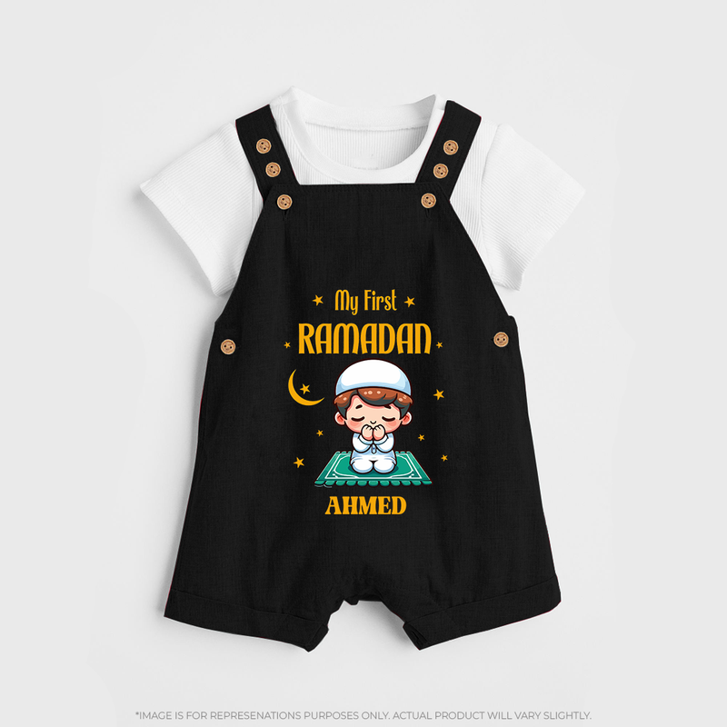 My First Ramadan - Cherishing Every Moment With Our Customized Dungaree Set For Kids With Name - BLACK - 0 - 5 Months Old (Chest 18")