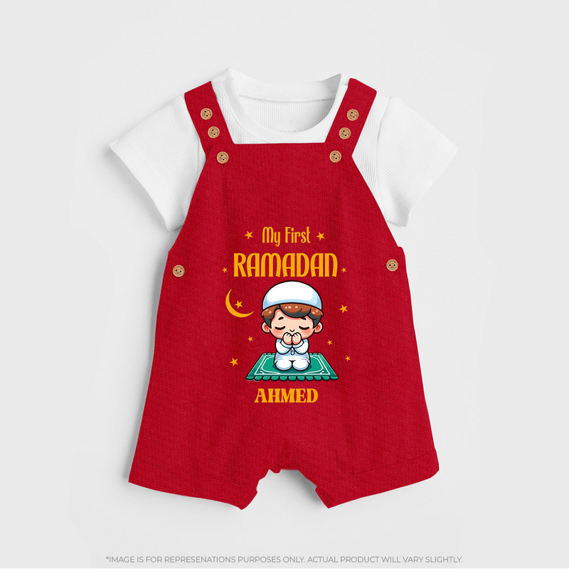 My First Ramadan - Cherishing Every Moment With Our Customized Dungaree Set For Kids With Name - RED - 0 - 5 Months Old (Chest 18")