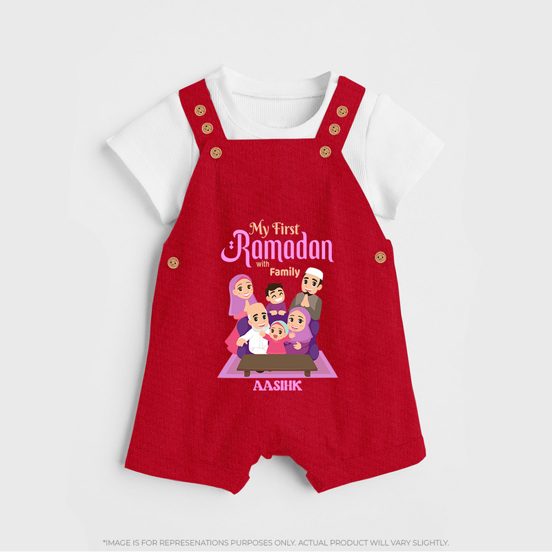 My First Ramadan - Filled with Gratitude With Our Customized Dungaree Set For Kids With Name - RED - 0 - 5 Months Old (Chest 18")