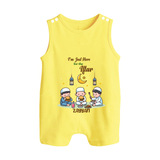 I'm Just Here For The Iftar - Ramadan Themed Customized Romper Suit For Babies With Name - PASTEL YELLOW - 0 - 5 Months Old (Chest 18")