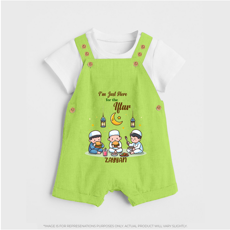 I'm Just Here For The Iftar - Ramadan Themed Customized Dungaree Set For Kids With Name - GREEN - 0 - 5 Months Old (Chest 18")