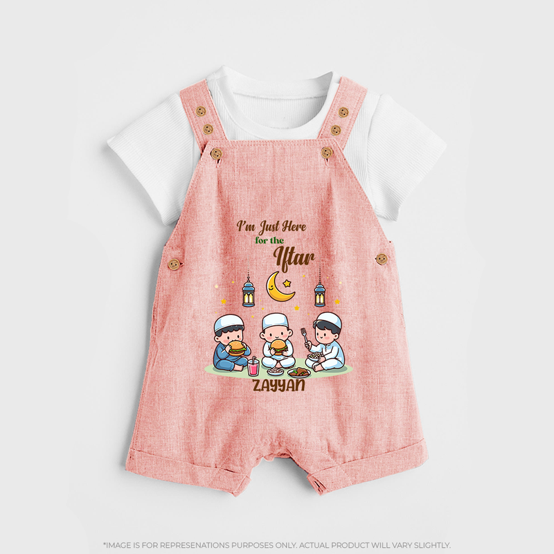 I'm Just Here For The Iftar - Ramadan Themed Customized Dungaree Set For Kids With Name - PEACH - 0 - 5 Months Old (Chest 18")