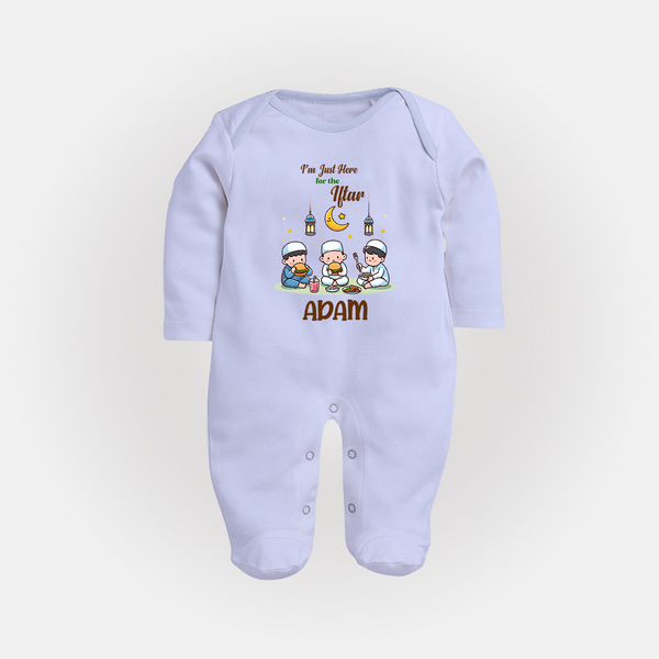 Personalised “I’m Here for Iftar” Kids Fullbody Suit with Name - BABY BLUE - New Born (Chest 7.5")