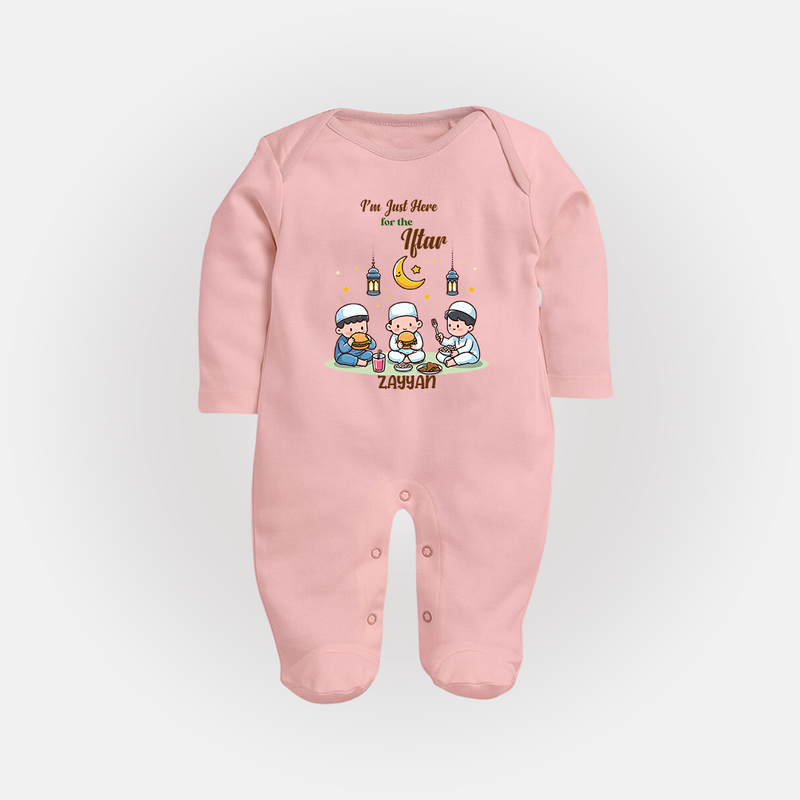 I'm Just Here For The Iftar - Ramadan Themed Customized Sleep Suit For Babies With Name - BABY PINK - New Born (Chest 7.5")