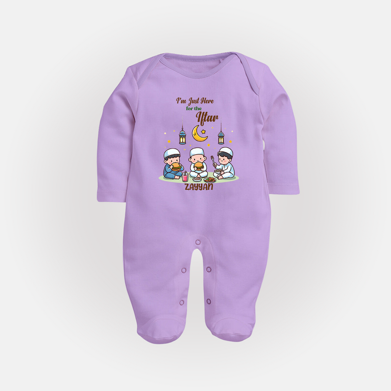 I'm Just Here For The Iftar - Ramadan Themed Customized Sleep Suit For Babies With Name - LILAC - New Born (Chest 7.5")