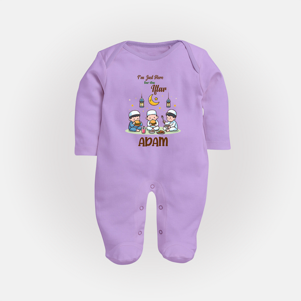 Personalised “I’m Here for Iftar” Kids Fullbody Suit with Name - LILAC - New Born (Chest 7.5")
