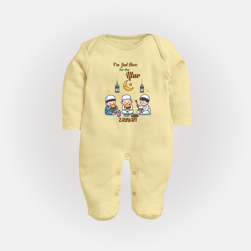 I'm Just Here For The Iftar - Ramadan Themed Customized Sleep Suit For Babies With Name - PASTEL YELLOW - New Born (Chest 7.5")