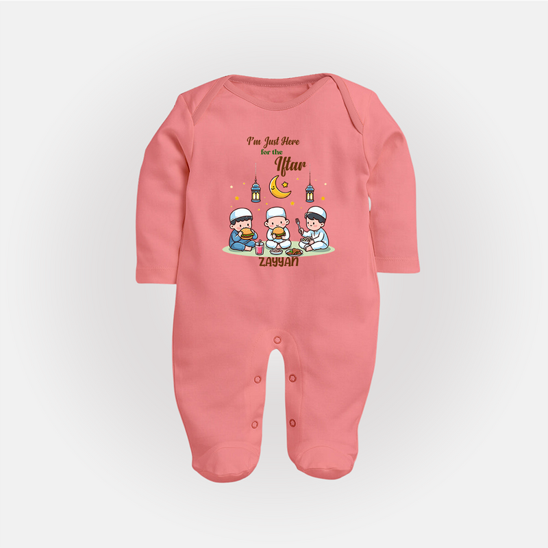 I'm Just Here For The Iftar - Ramadan Themed Customized Sleep Suit For Babies With Name - PEACH - New Born (Chest 7.5")