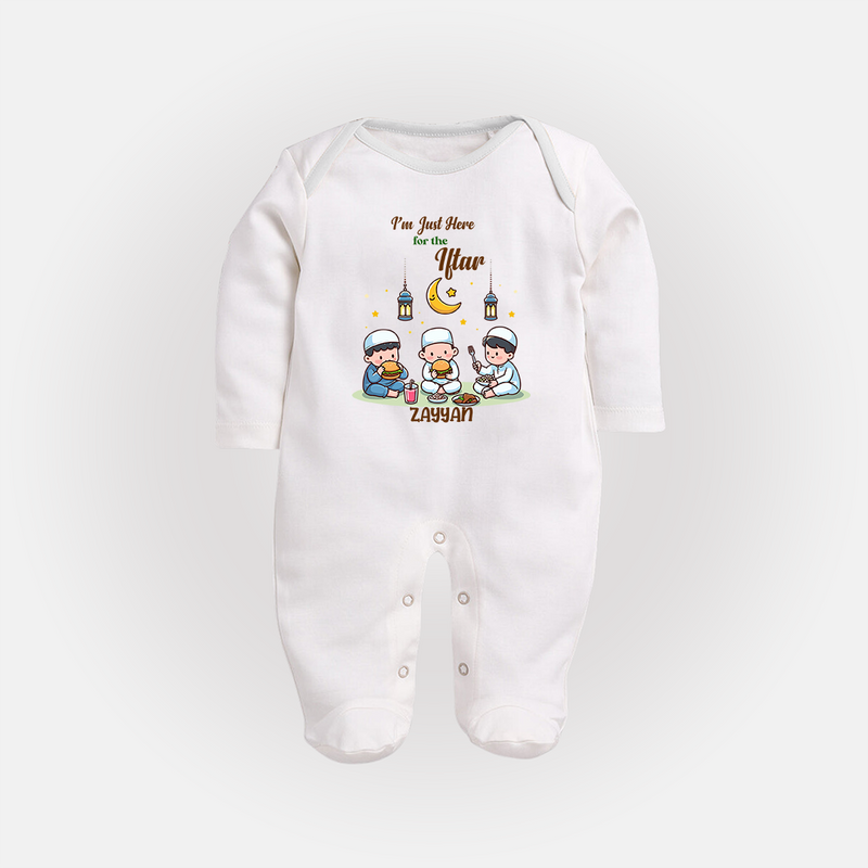 I'm Just Here For The Iftar - Ramadan Themed Customized Sleep Suit For Babies With Name - WHITE - New Born (Chest 7.5")