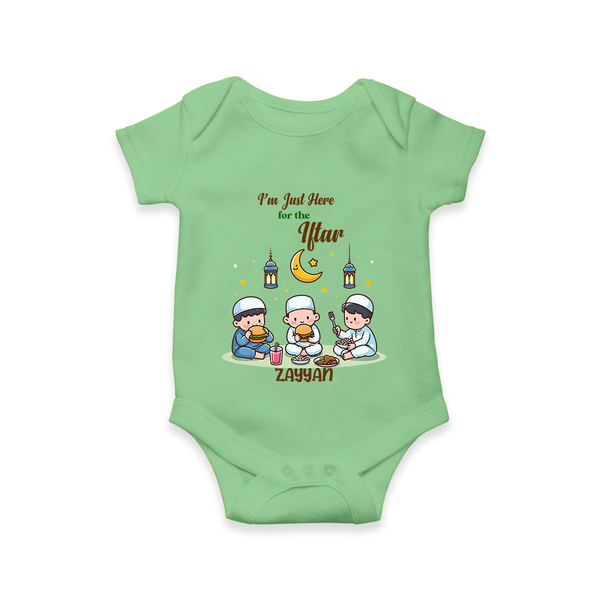 I'm Just Here For The Iftar - Ramadan Themed Customized Romper For Babies With Name - GREEN - 0 - 3 Months Old (Chest 16")