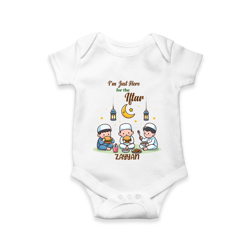 I'm Just Here For The Iftar - Ramadan Themed Customized Romper For Babies With Name - WHITE - 0 - 3 Months Old (Chest 16")