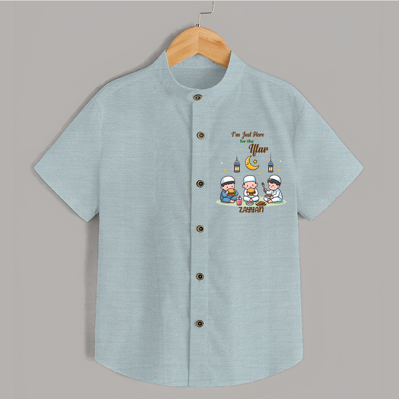 I'm Just Here For The Iftar - Ramadan Themed Customized Shirt For Kids With Name - ARCTIC BLUE - 0 - 6 Months Old (Chest 23")