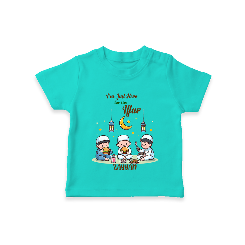 I'm Just Here For The Iftar - Ramadan Themed Customized T-Shirt For Kids With Name - TEAL - 0-5 Months Old (Chest 17")