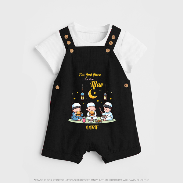 I'm Just Here For The Iftar - Ramadan Themed Customized Dungaree Set For Kids With Name - BLACK - 0 - 5 Months Old (Chest 18")